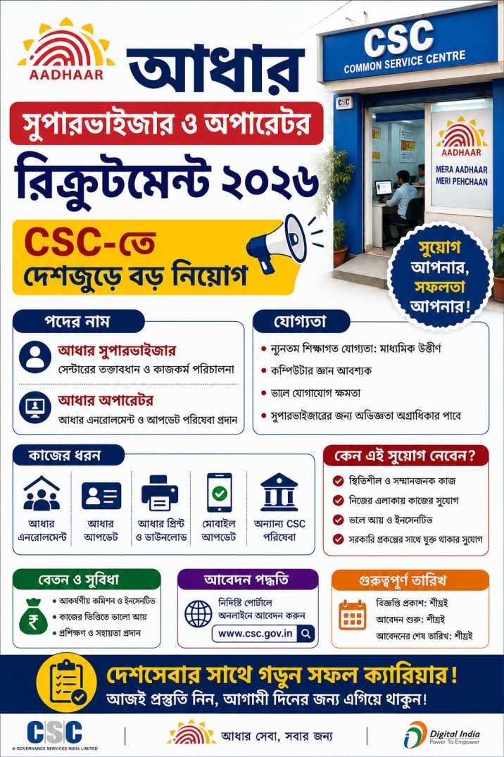 Aadhaar Supervisor Operator Recruitment 2026
